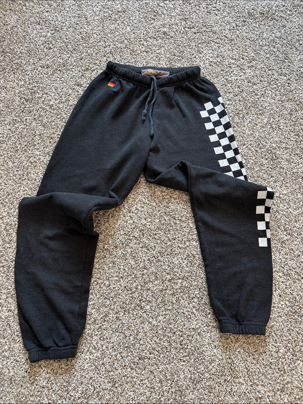Aviator Nation Black Joggers with White Checkerboard Stripe